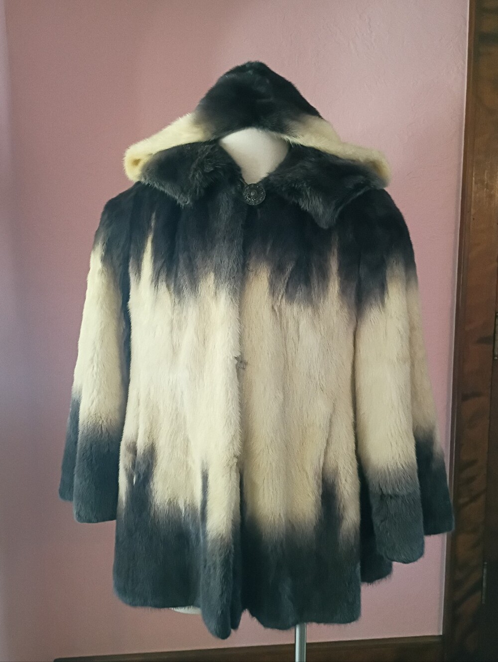 Genuine White Ivory and Black Ombre Dye Real Mink Fur Swing Coat with Hood Large